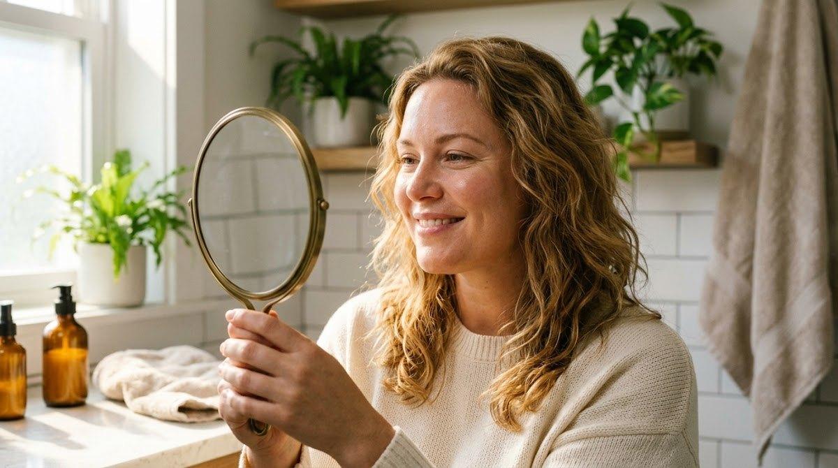 Woman examining her improved skin texture in a mirror.