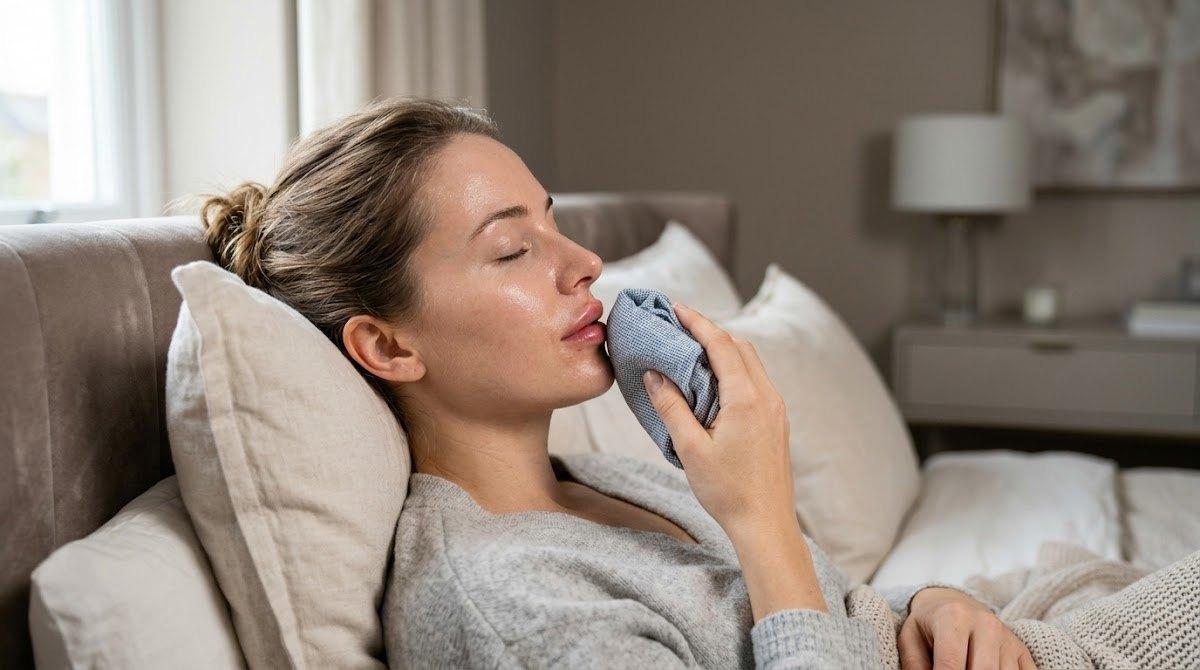 A woman relaxing while applying a cold compress to her lips.