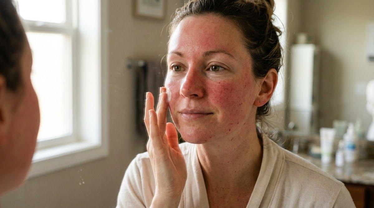 Professional photo of facial skin with redness and swelling during recovery after microneedling treatment.