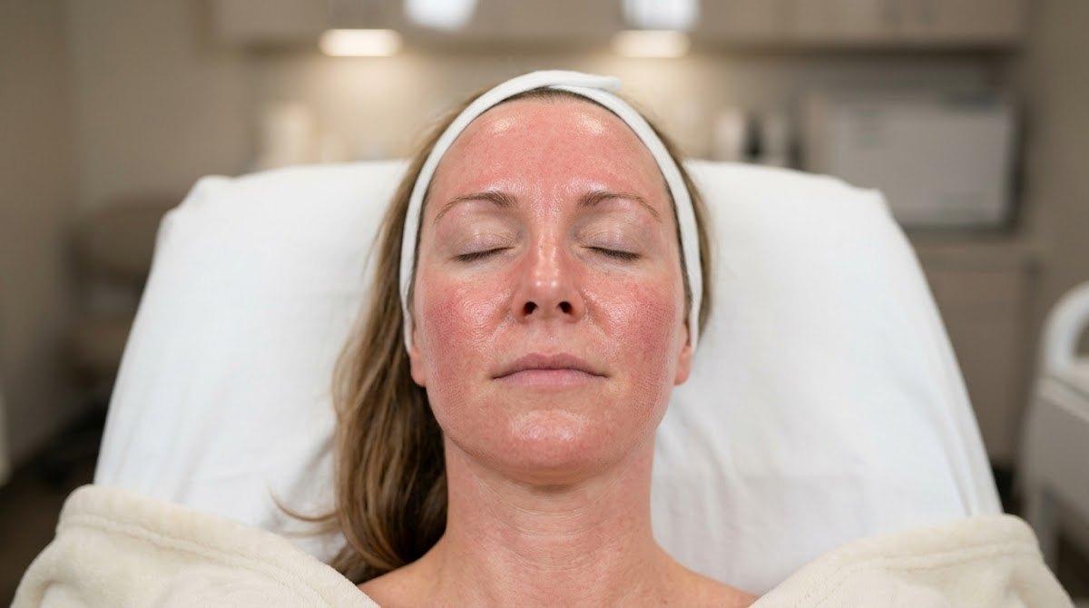 Woman's face showing mild redness right after microneedling treatment.
