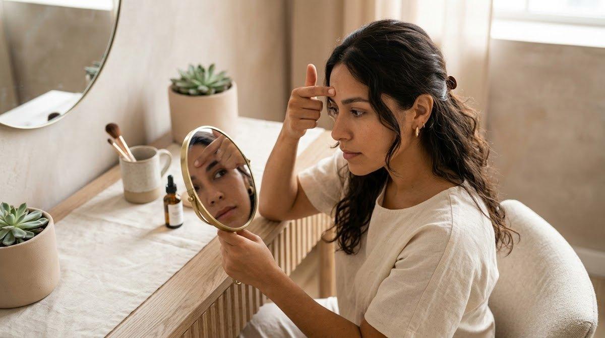 A young woman looking thoughtfully into a handheld mirror while touching the space between her eyebrows.