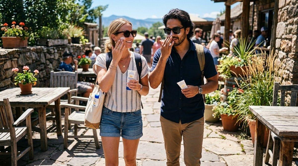 A man and a woman walking outdoors on a sunny patio while applying sunscreen to their faces.