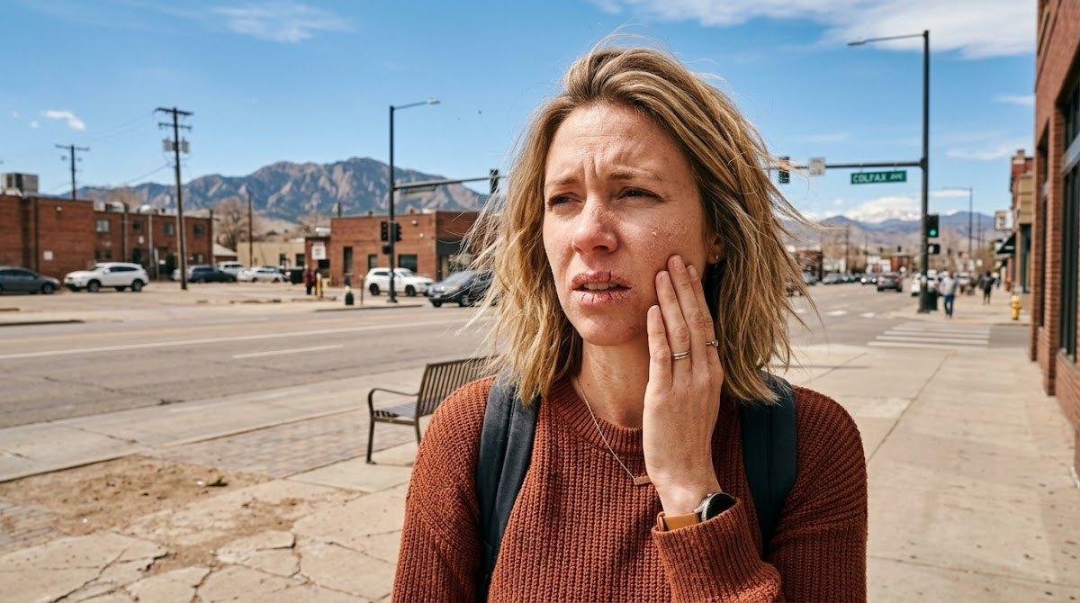 A woman touches her tight dry skin on a sunny dry Denver street.