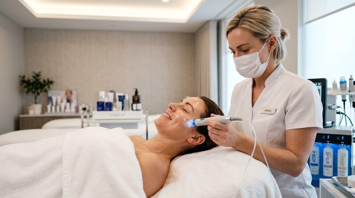 An esthetician performing a gentle HydraFacial treatment on a client in a spa setting.