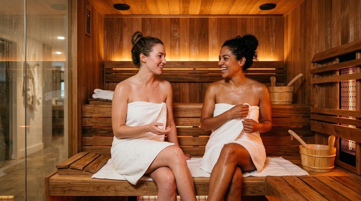 Two women relax and smile together inside a warmly lit cedar sauna.
