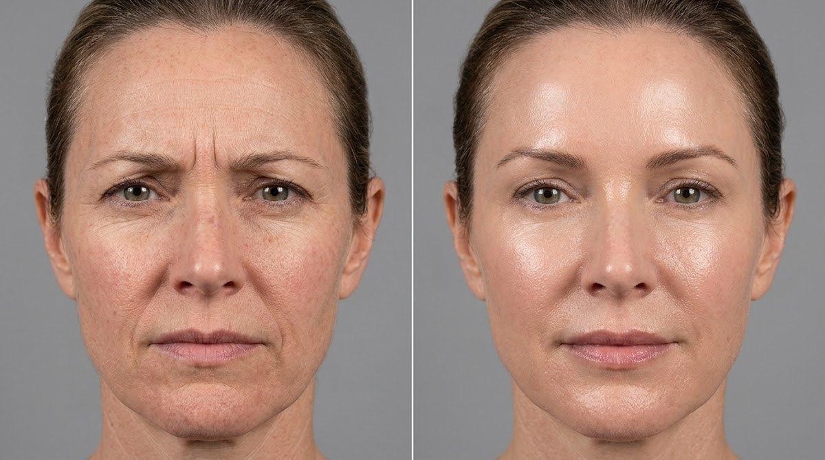 Split professional photo showing before-and-after effects of neuromodulator on facial wrinkles.