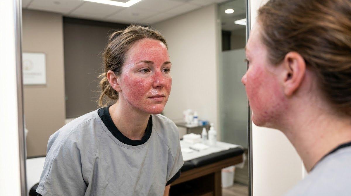 Woman displaying flushed red skin immediately following microneedling session.