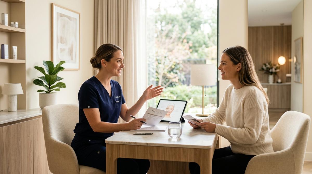 Patient consultation with aesthetic nurse discussing laser and chemical peel options