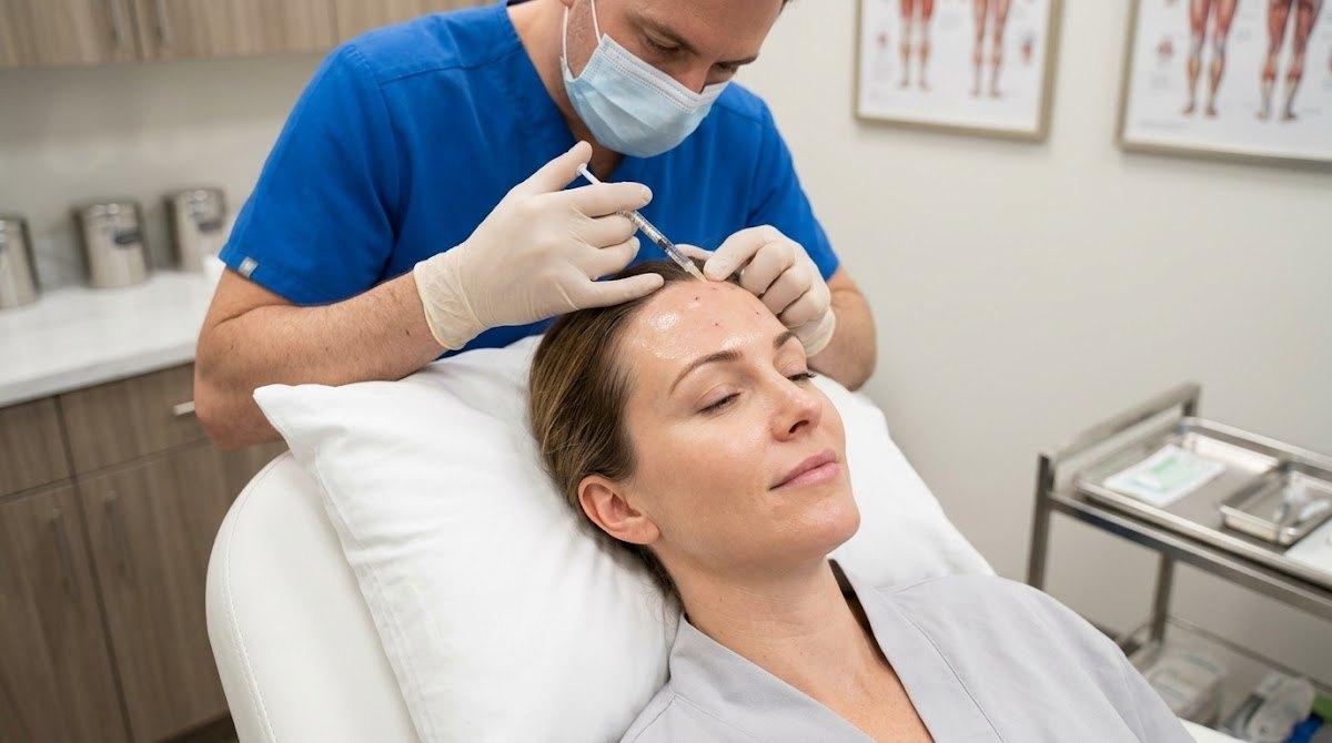 Dysport injection on forehead demonstrating broader coverage with fewer pokes.