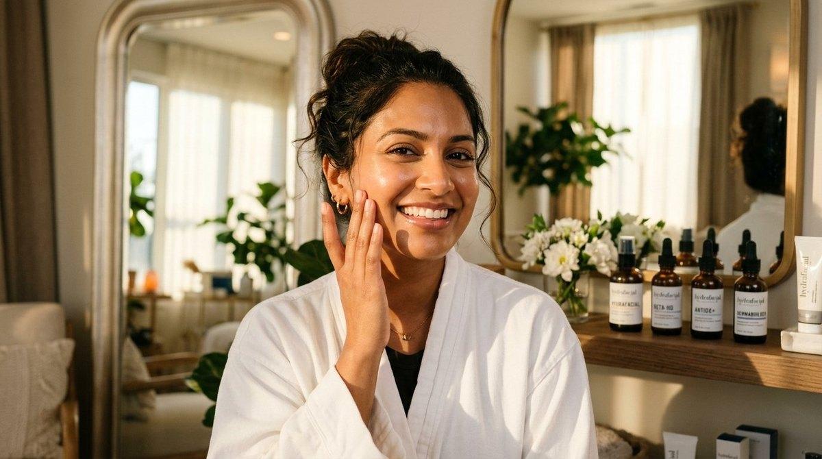 A woman is showing her glowing skin.