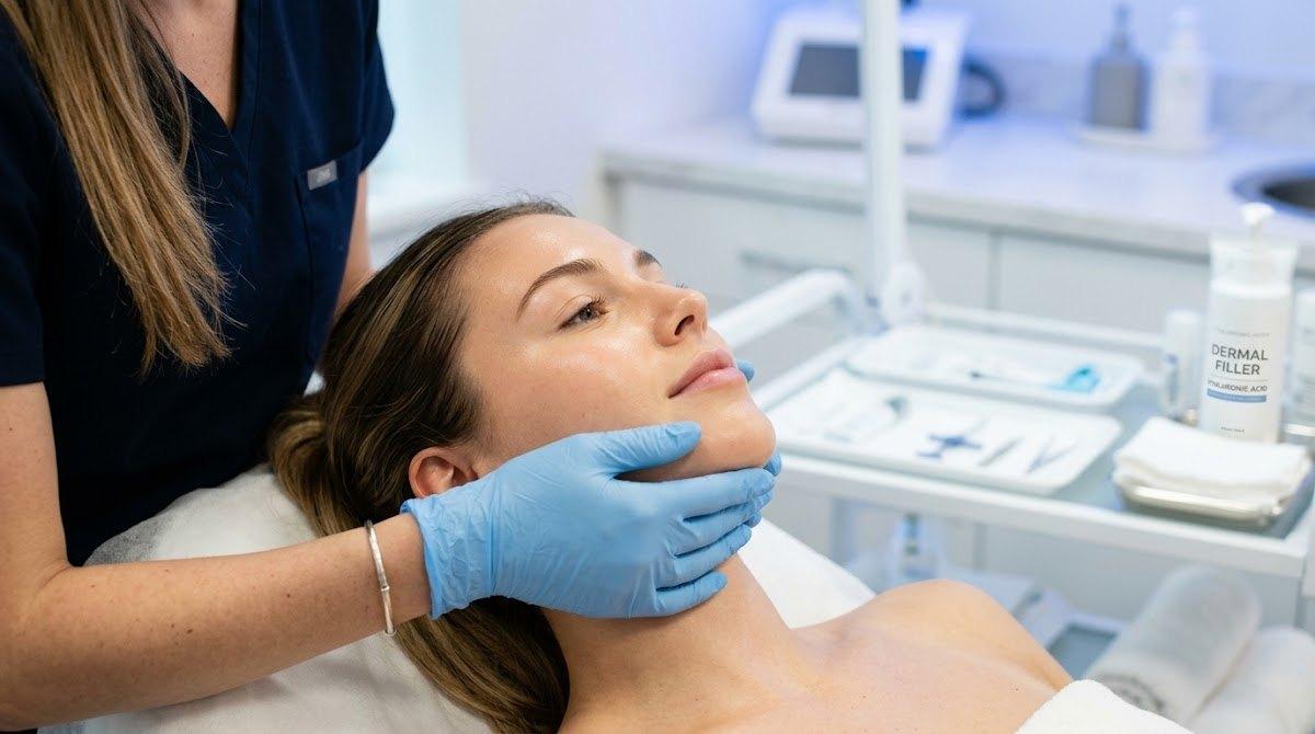 A professional wearing gloves gently examines a patient's jawline in a tranquil clinic setting.