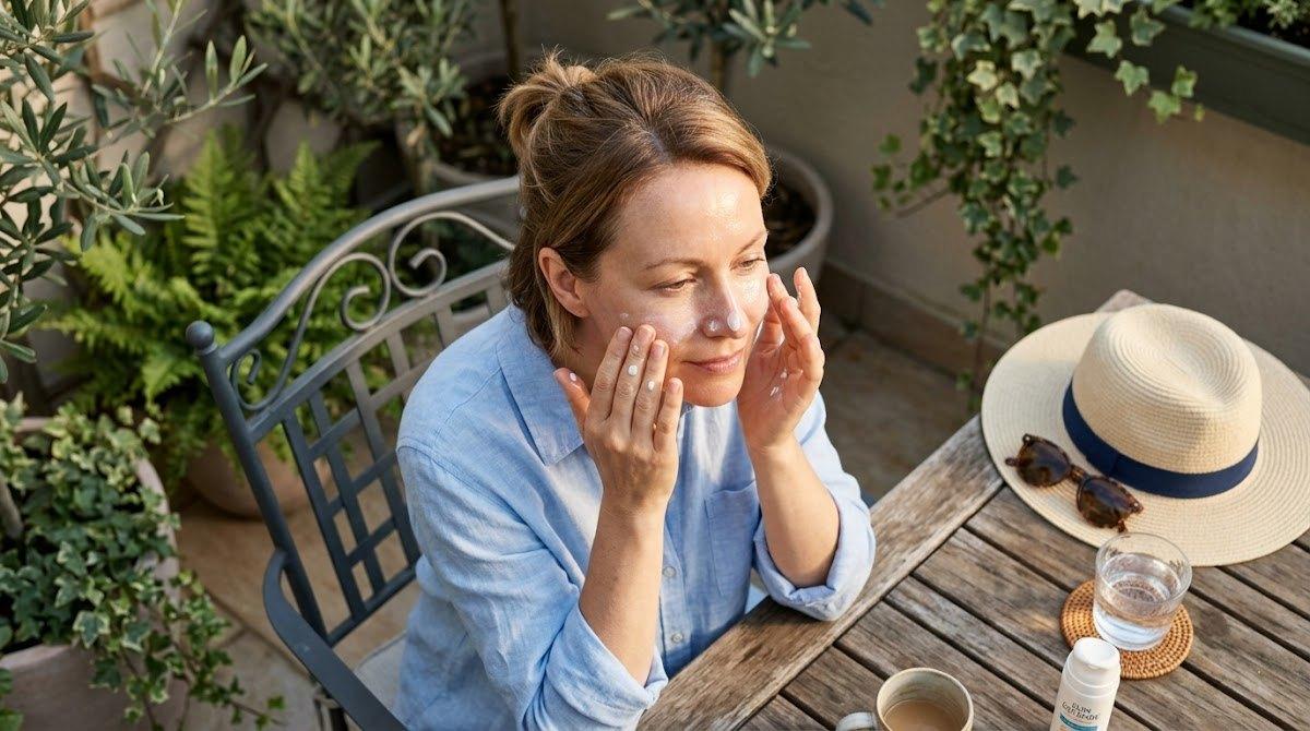 Woman applying sunscreen to maintain her smooth facial skin outdoors.