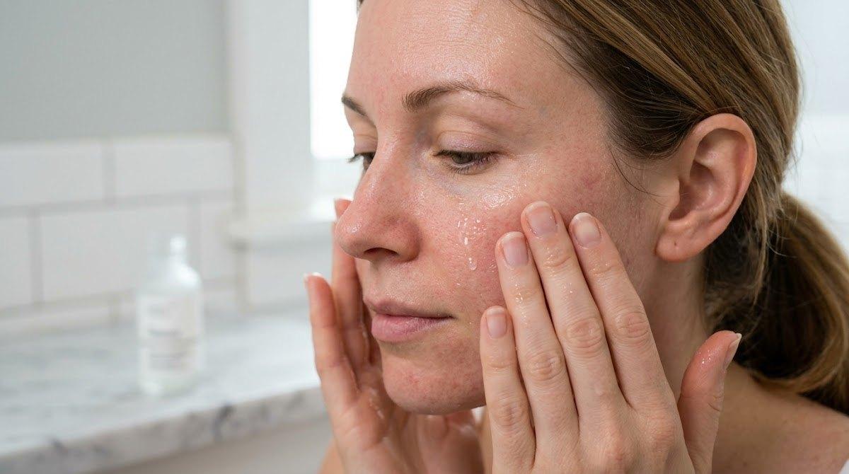 Woman carefully applying hydrating serum to her post-treatment skin.