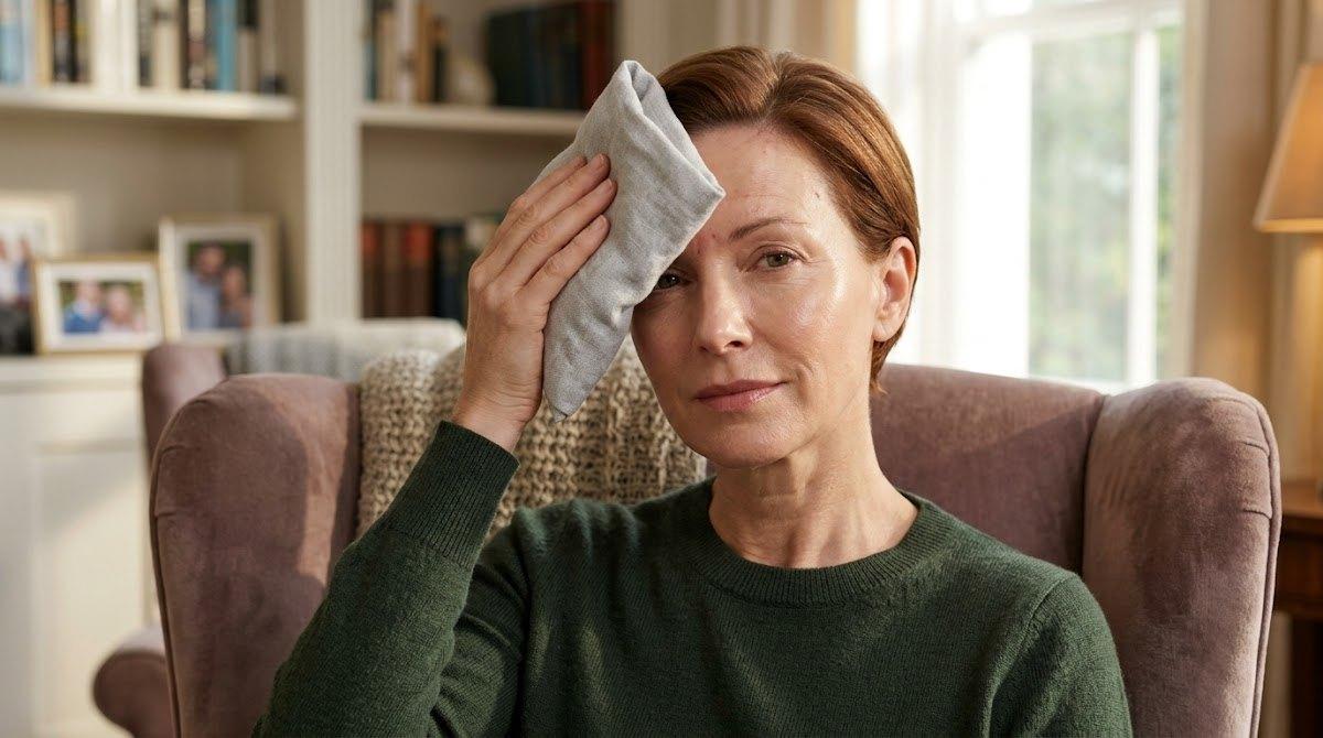 Woman post-Botox carefully icing her face without rubbing the treated area.