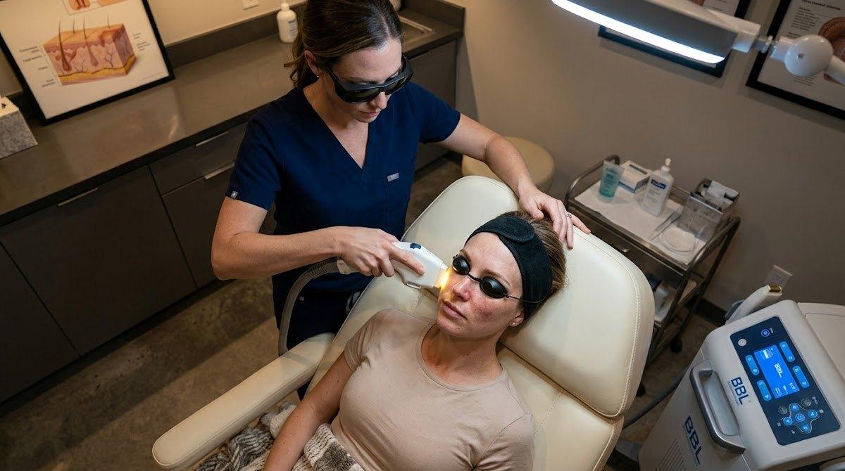 Overhead view of BBL treatment targeting skin pigmentation and redness.