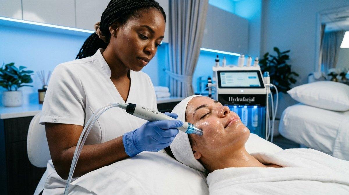 Esthetician performing Hydrafacial treatment with vortex device on client's face.