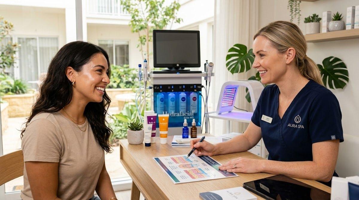 Aesthetician and client discussing HydraFacial session details.