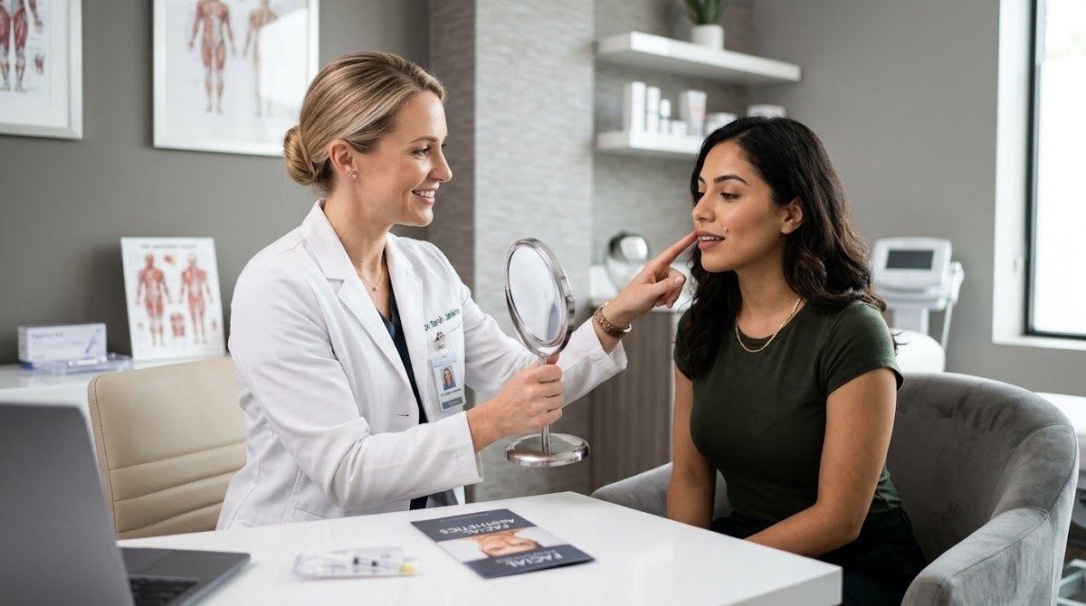 A medical provider in a white coat consulting with a patient while holding a hand mirror.