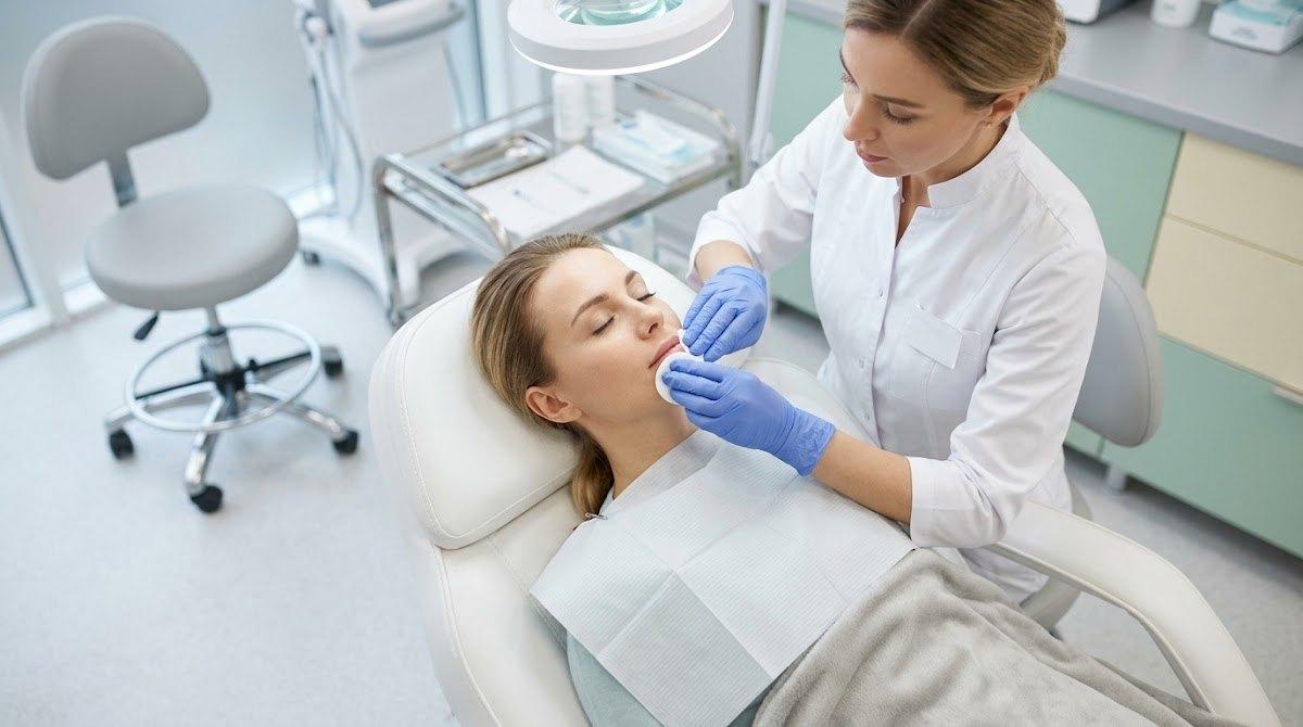A medical professional gently cleansing a patient's lip area before an aesthetic treatment.