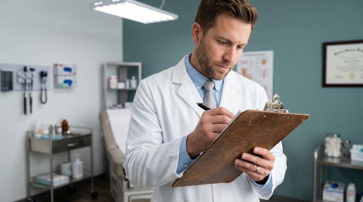 A dermatologist in a white coat writes notes on a clipboard in an exam room.