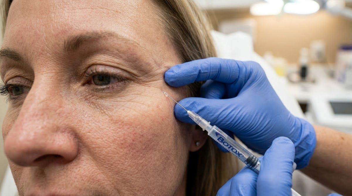 Precise close-up injection of Botox in a targeted small area like crow's feet.