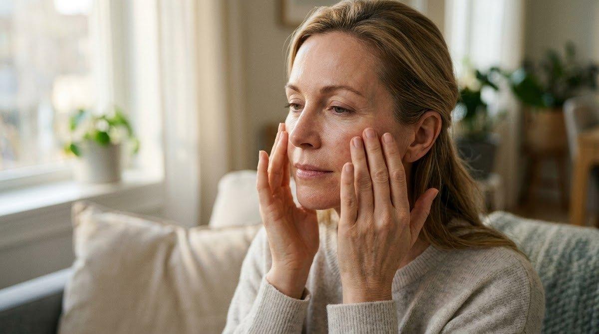 Professional photo of a woman gently massaging her face post-injection in a home setting.