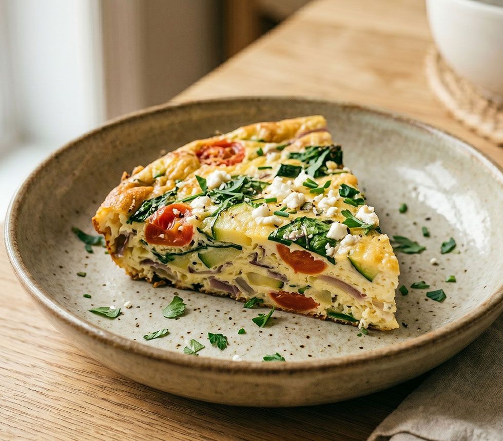 One slice of egg and veggie frittata on a ceramic plate