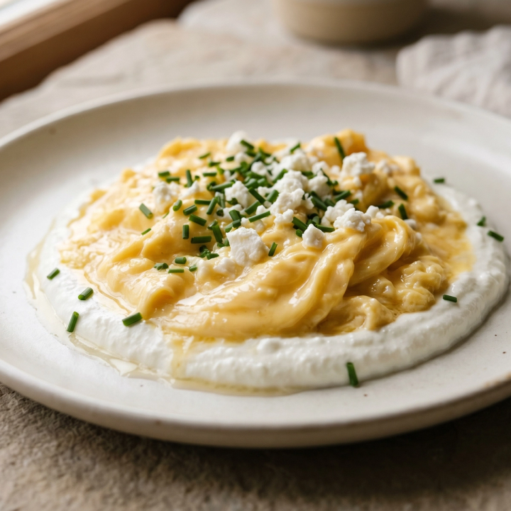 Soft scrambled eggs served over whipped cottage cheese with fresh chives and herbs