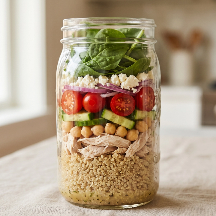 Mason jar layered with quinoa, shredded chicken, cucumber, cherry tomatoes, red onion, and baby spinach