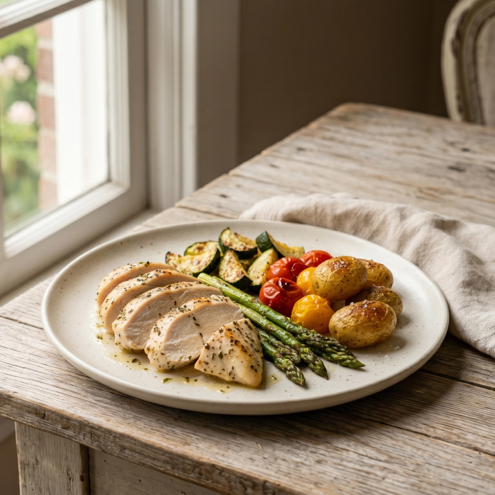 Sheet pan lemon herb chicken with roasted asparagus and cherry tomatoes, garnished with fresh herbs