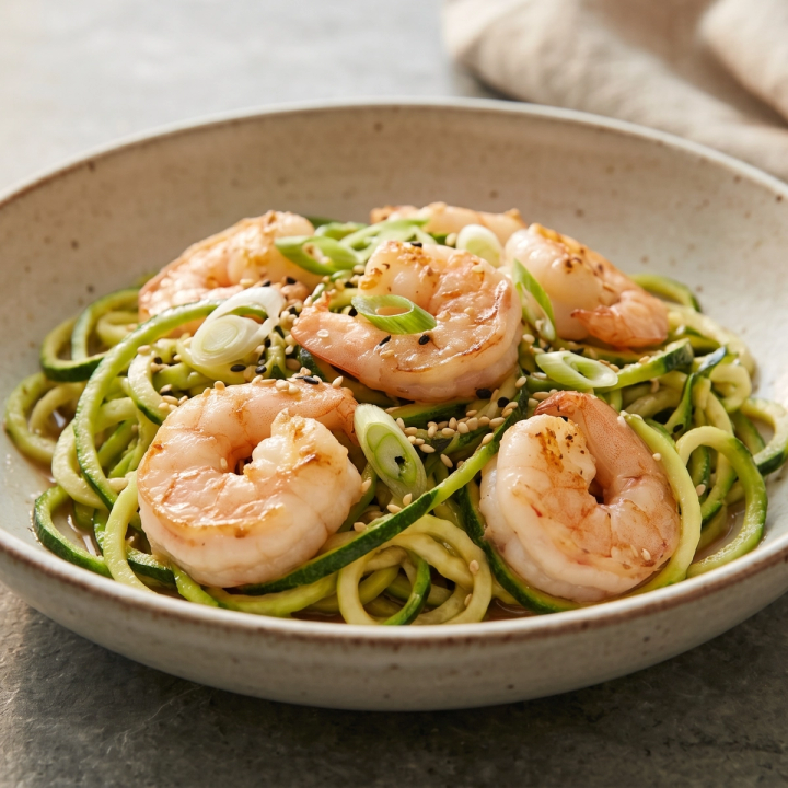 Shrimp and zucchini noodle bowl with sesame ginger sauce