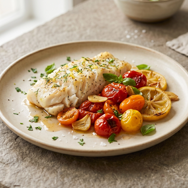 Baked cod fillets with roasted cherry tomatoes, garlic, capers, and fresh herbs