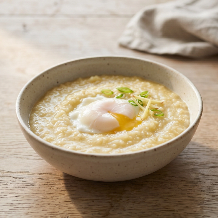 Silky white rice congee in a bowl topped with sliced green onions and a soft poached egg