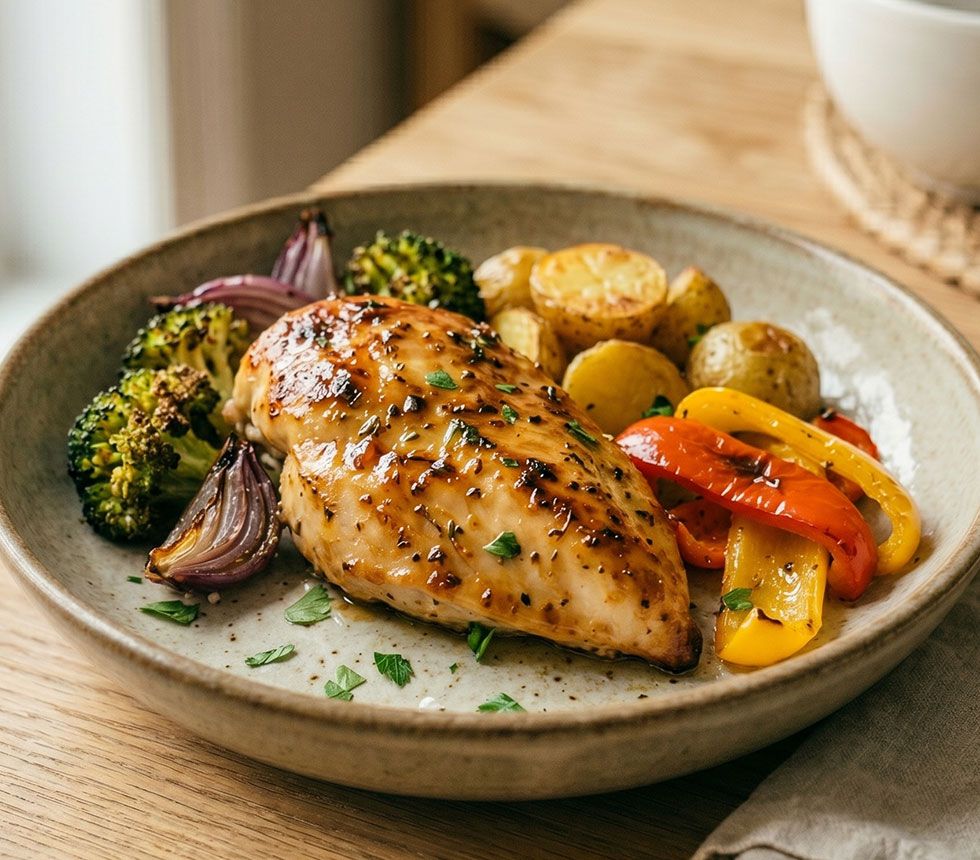 Chicken breast with honey-dijon glaze with vegetables.