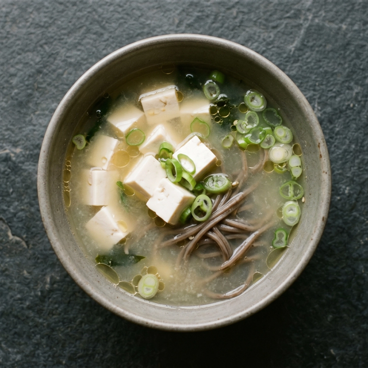 Miso soup with silken tofu cubes, soba noodles, green onions, and dried wakame in a warm broth