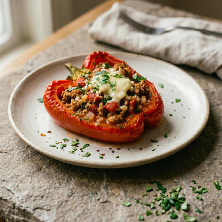 Ground turkey and cauliflower rice stuffed into colorful bell peppers with Italian seasoning and diced tomatoes