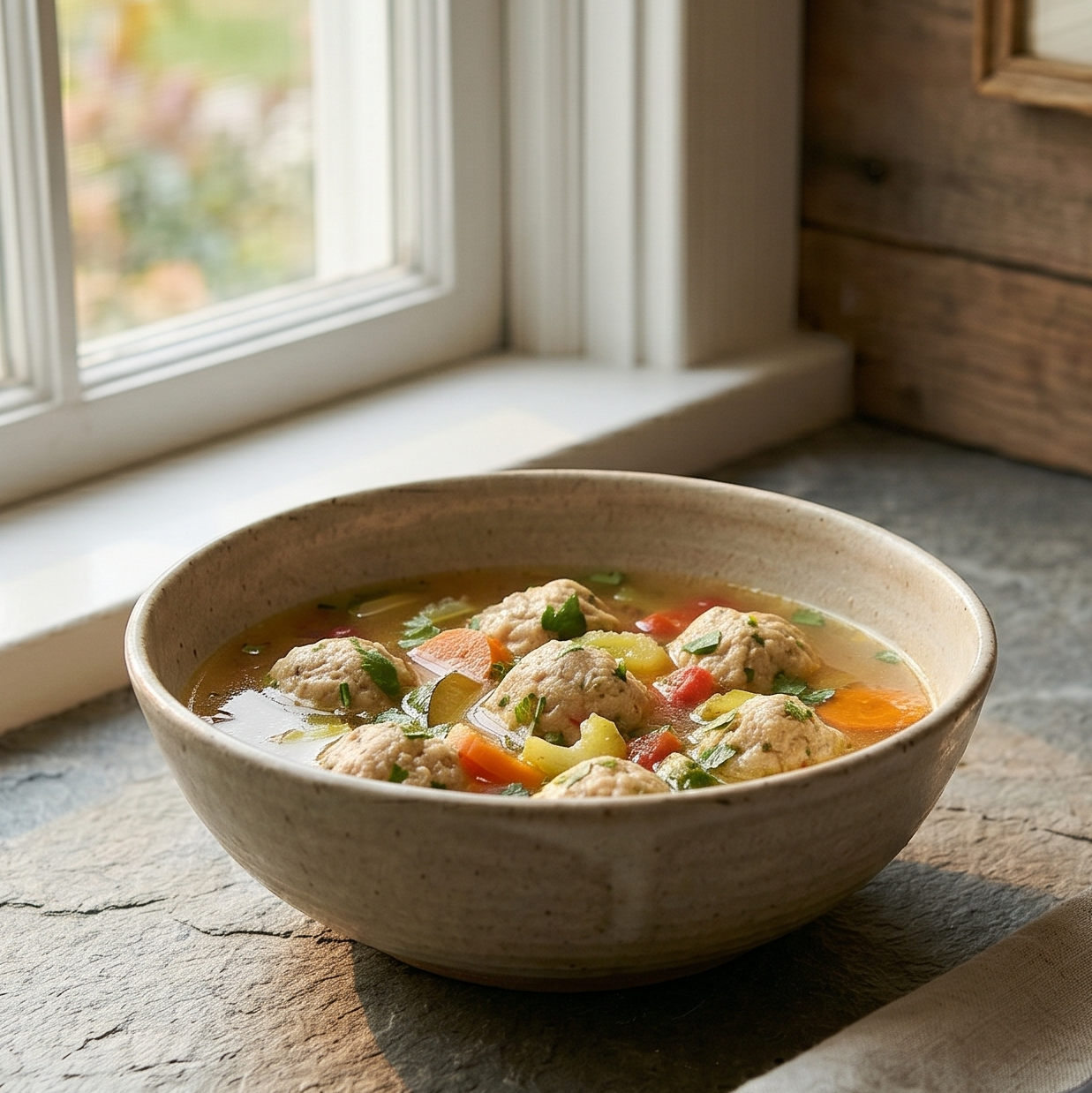 Turkey meatball soup in a deep bowl with carrots, celery, and fresh parsley
