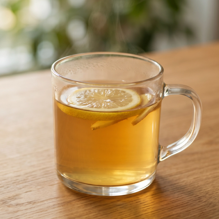 Warm ginger lemon honey elixir in a clear glass mug with fresh ginger slices and a lemon slice on a wooden surface