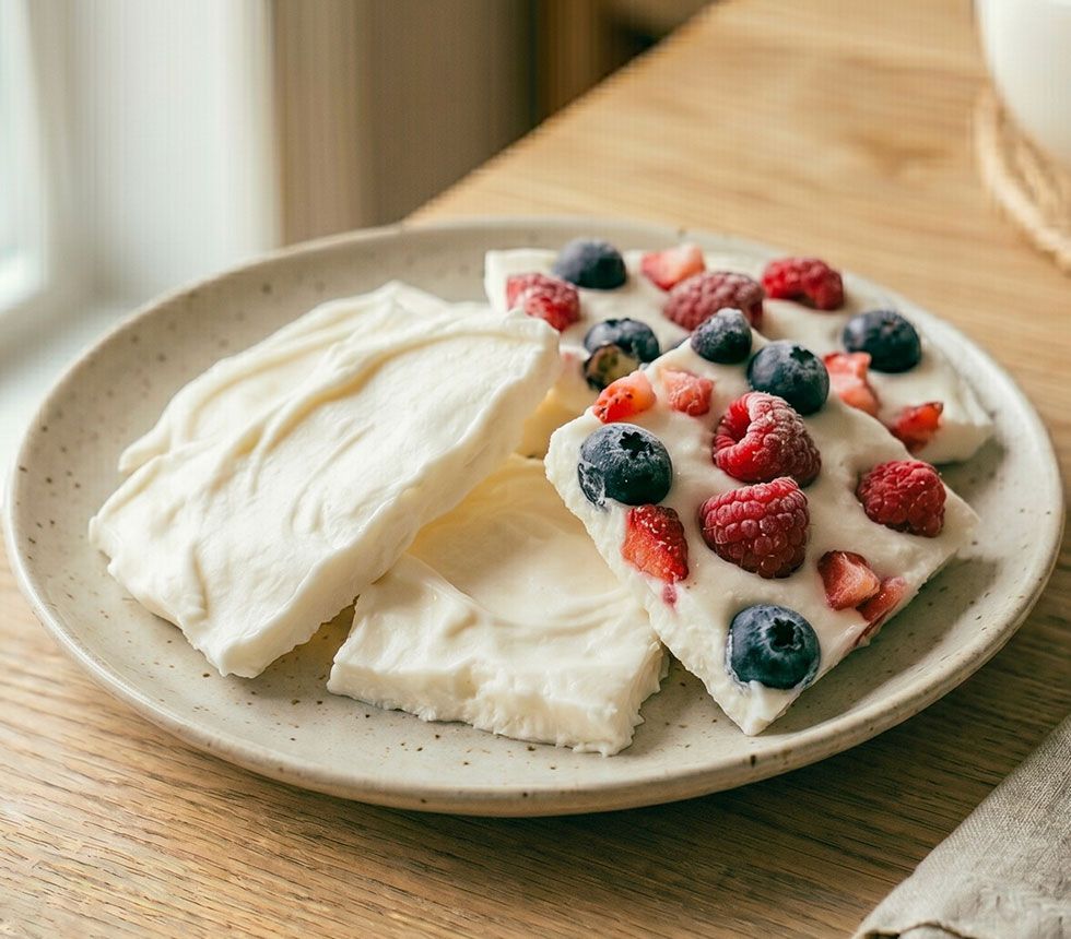 Frozen greek yogurt bark with honey and berries on a ceramic plate.