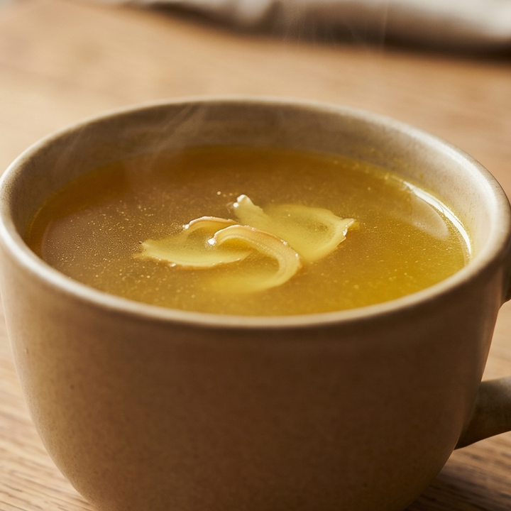 Warm golden bone broth with turmeric and ginger in a ceramic mug, served with lemon