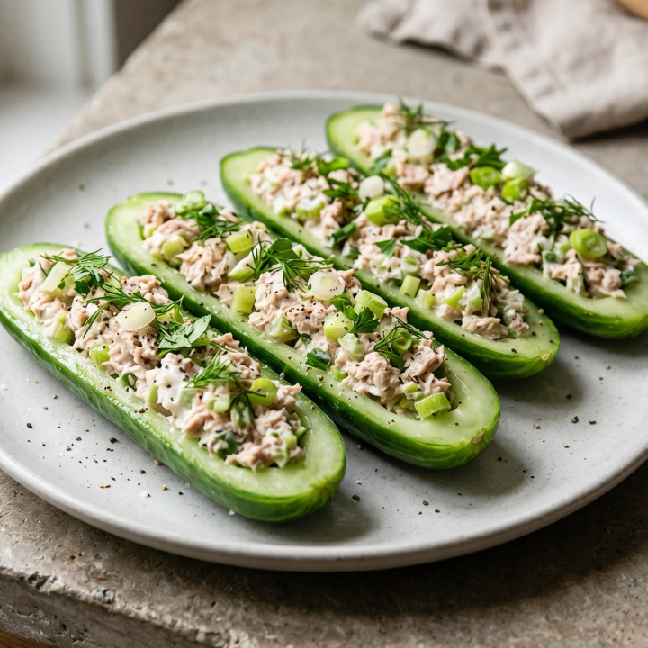 Tuna salad made with Greek yogurt and celery served in hollowed English cucumber halves with fresh herbs