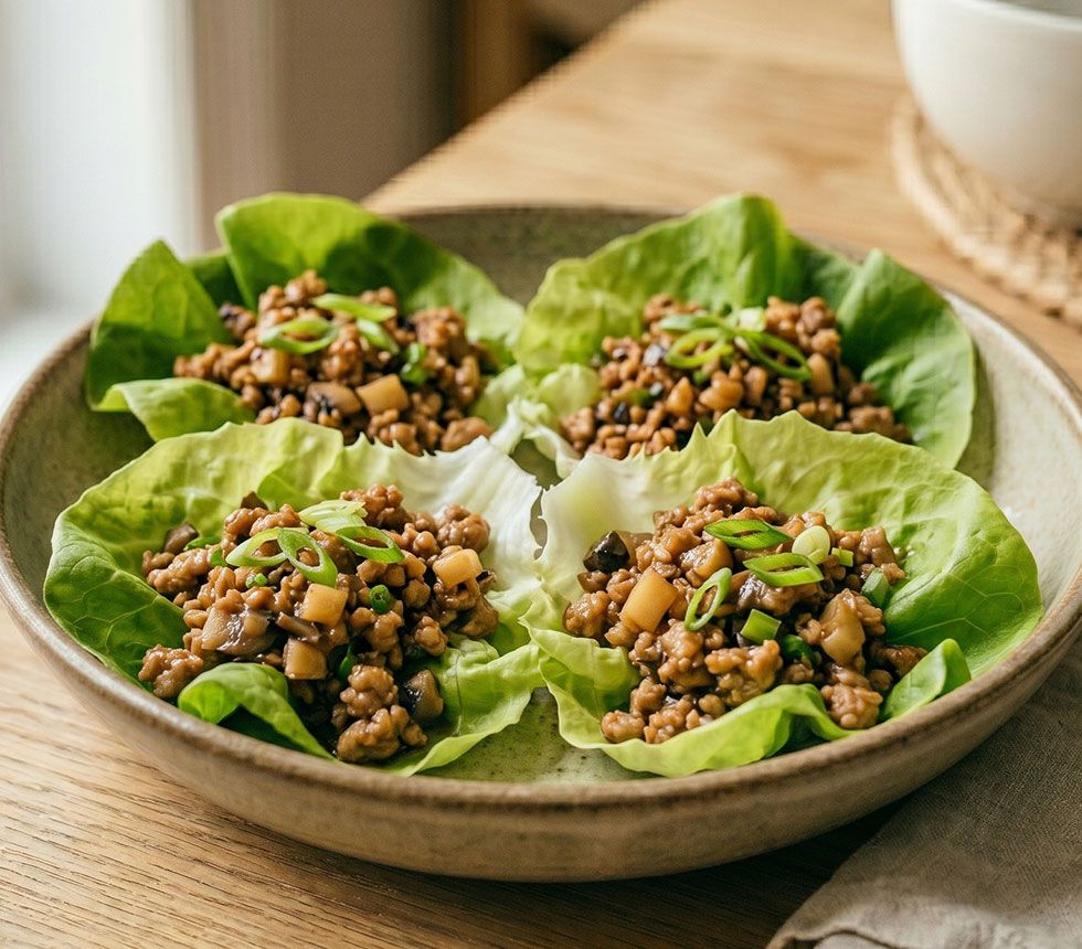 GLP-1 friendly Ground Turkey in Lettuce Wraps on a ceramic plate