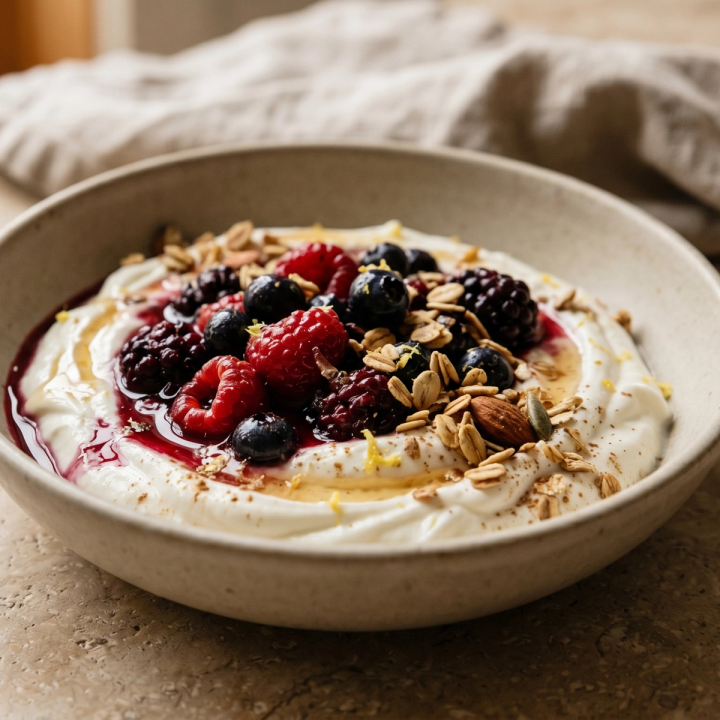 Greek yogurt parfait layered with warm honey berries, fresh mixed berries, and optional granola