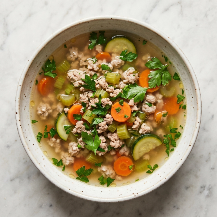 Big batch turkey and vegetable soup with ground turkey, carrots, zucchini, celery, and diced tomatoes in a rich broth