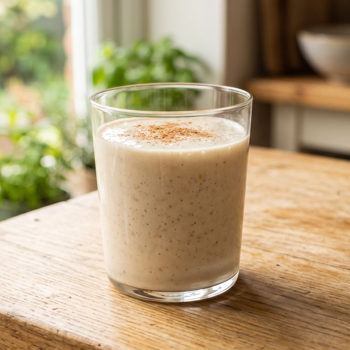 Creamy banana oat smoothie in a glass