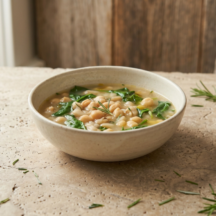 White bean and spinach soup with cannellini beans, baby spinach, and fresh herbs in a warm broth
