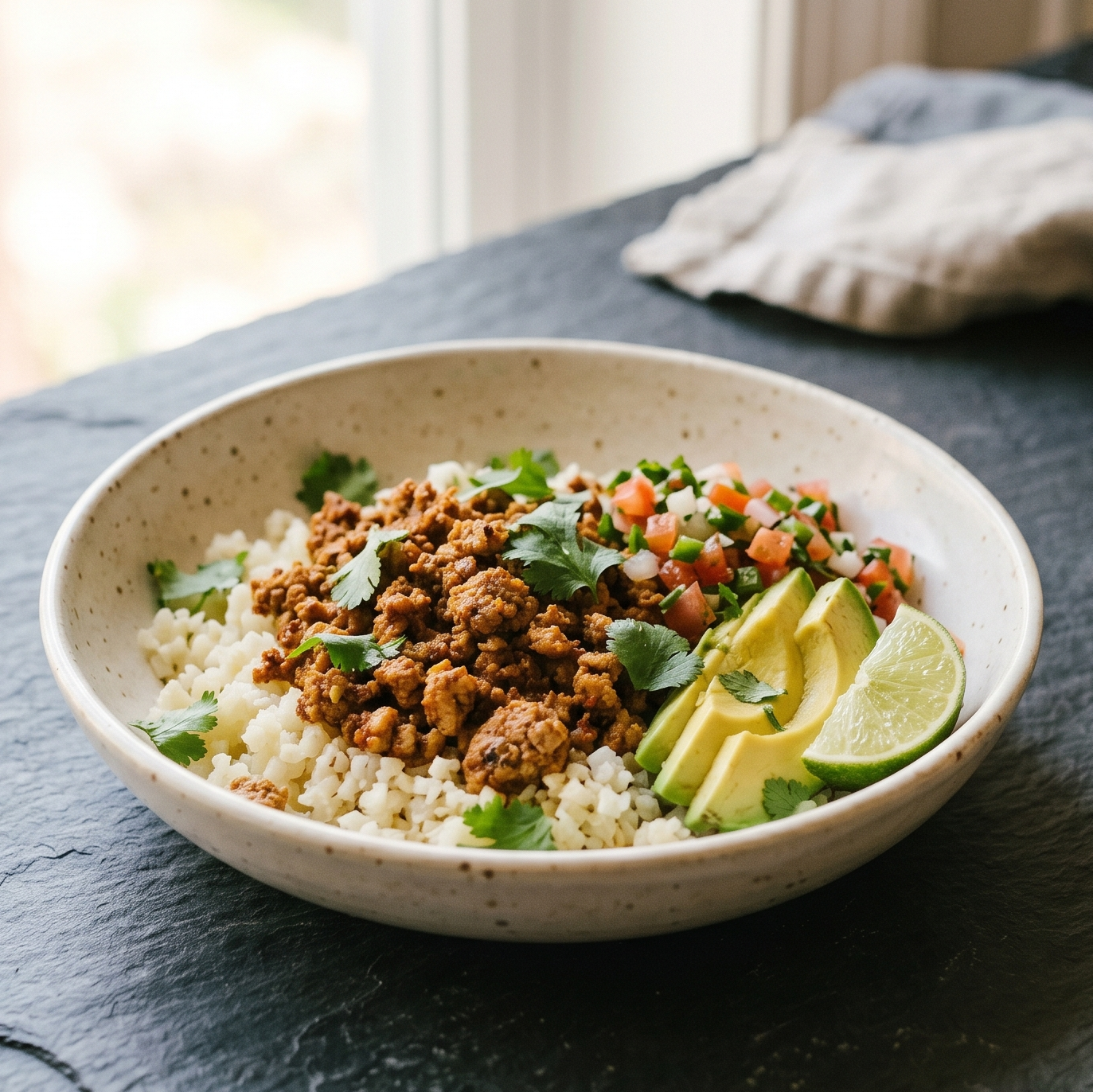 Turkey taco bowl with cauliflower rice, black beans, corn, and salsa