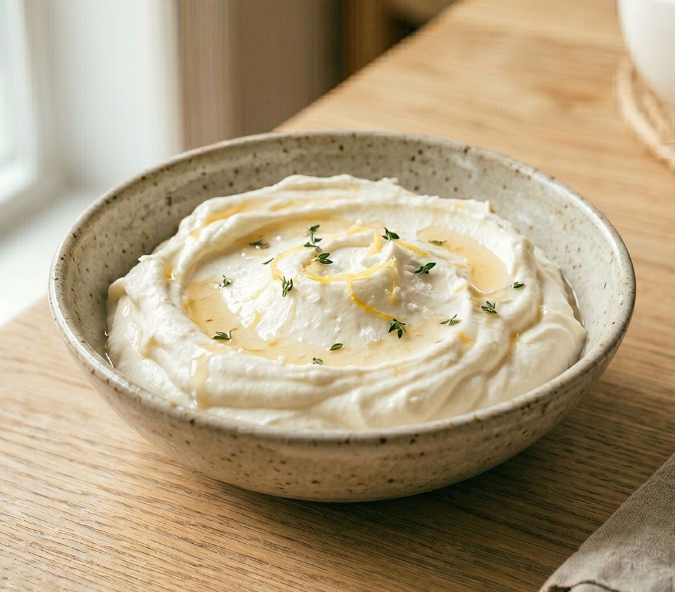 Whipped ricotta with honey and sea salt in a ceramic bowl