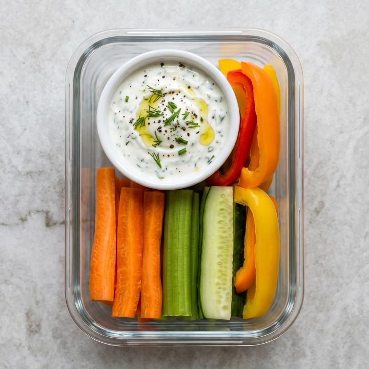 Greek yogurt herb dip with fresh dill and chives alongside carrot sticks, celery, cucumber slices, and bell pepper strips