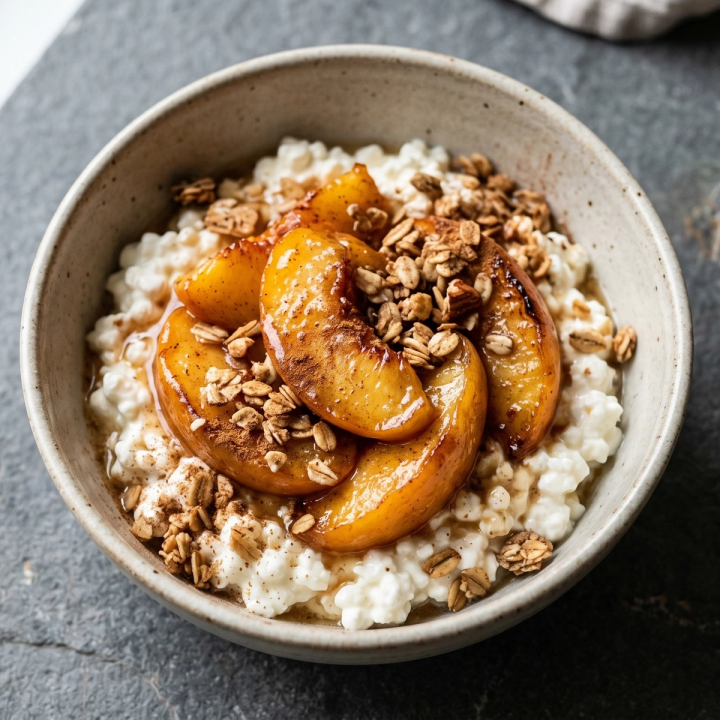 Cottage cheese bowl topped with warm cinnamon-spiced peach slices and a drizzle of honey